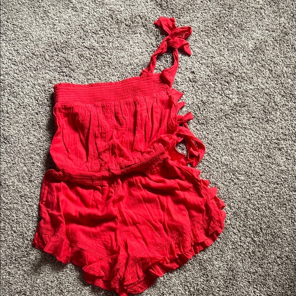 Free People Red One-Shoulder High-Waist Shorts Romper - Picture 2 of 5